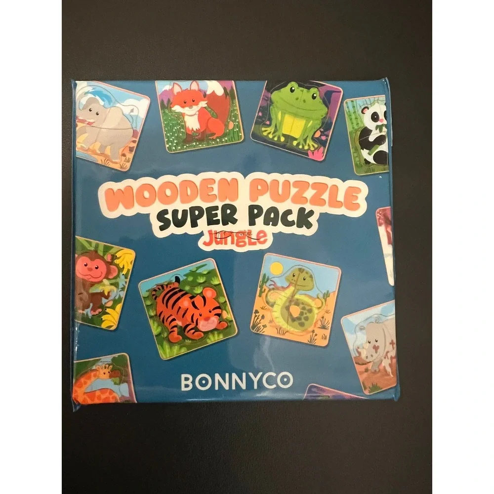 Bonnyco Wooden Puzzle Super Pack Kids OS Blue New Jungle Animals Set Activity